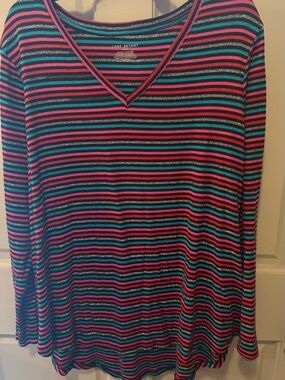Lane Bryant Striped V-Neck Long Sleeve Tee in Black, Pink, Teal